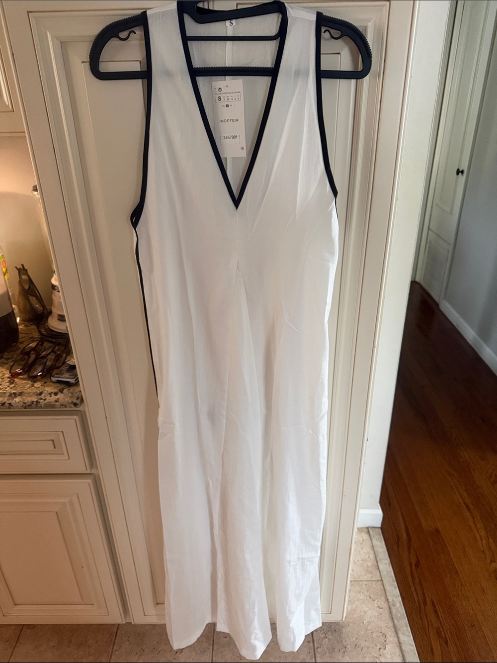 White V-Neck Maxi Slip Dress with Black Trim by Unknown Brand